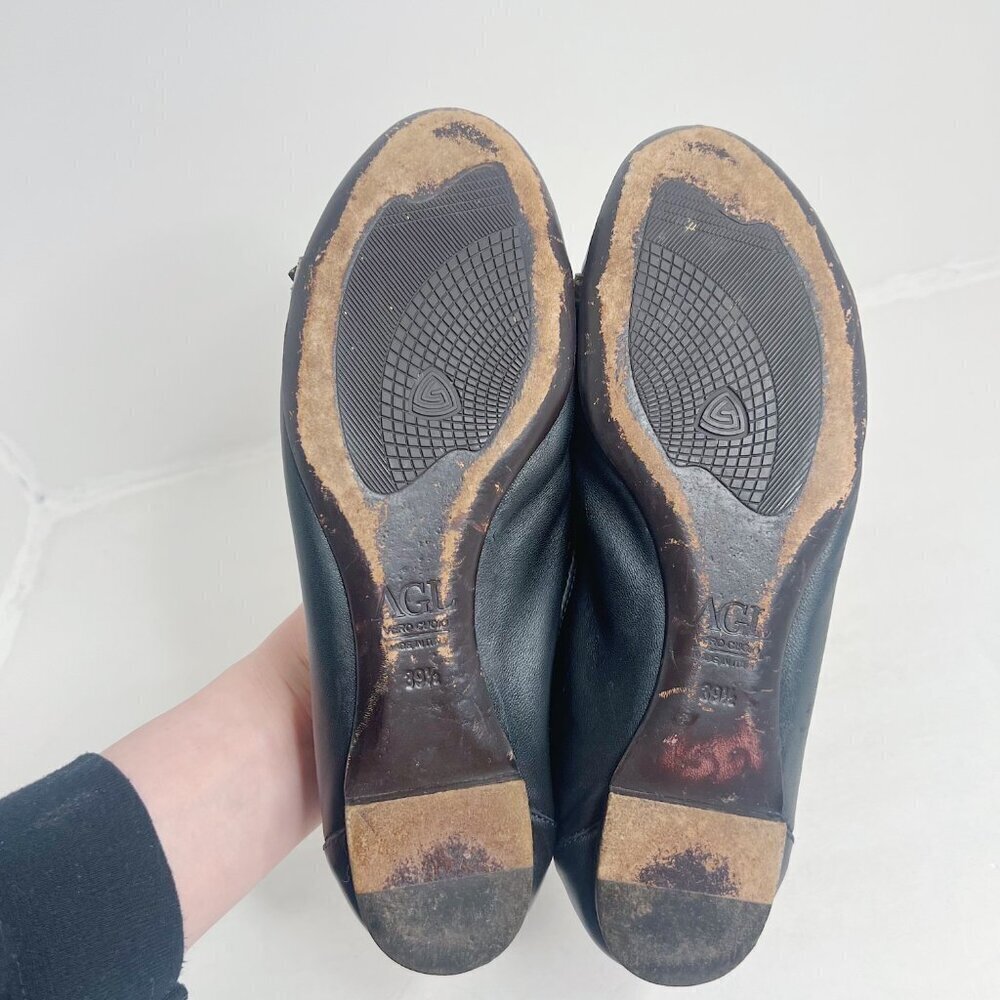 AGL Monika Cap Toe Ballet Flat Black Leather Bronze Buckle Women's Size 9.5 - Picture 6 of 9